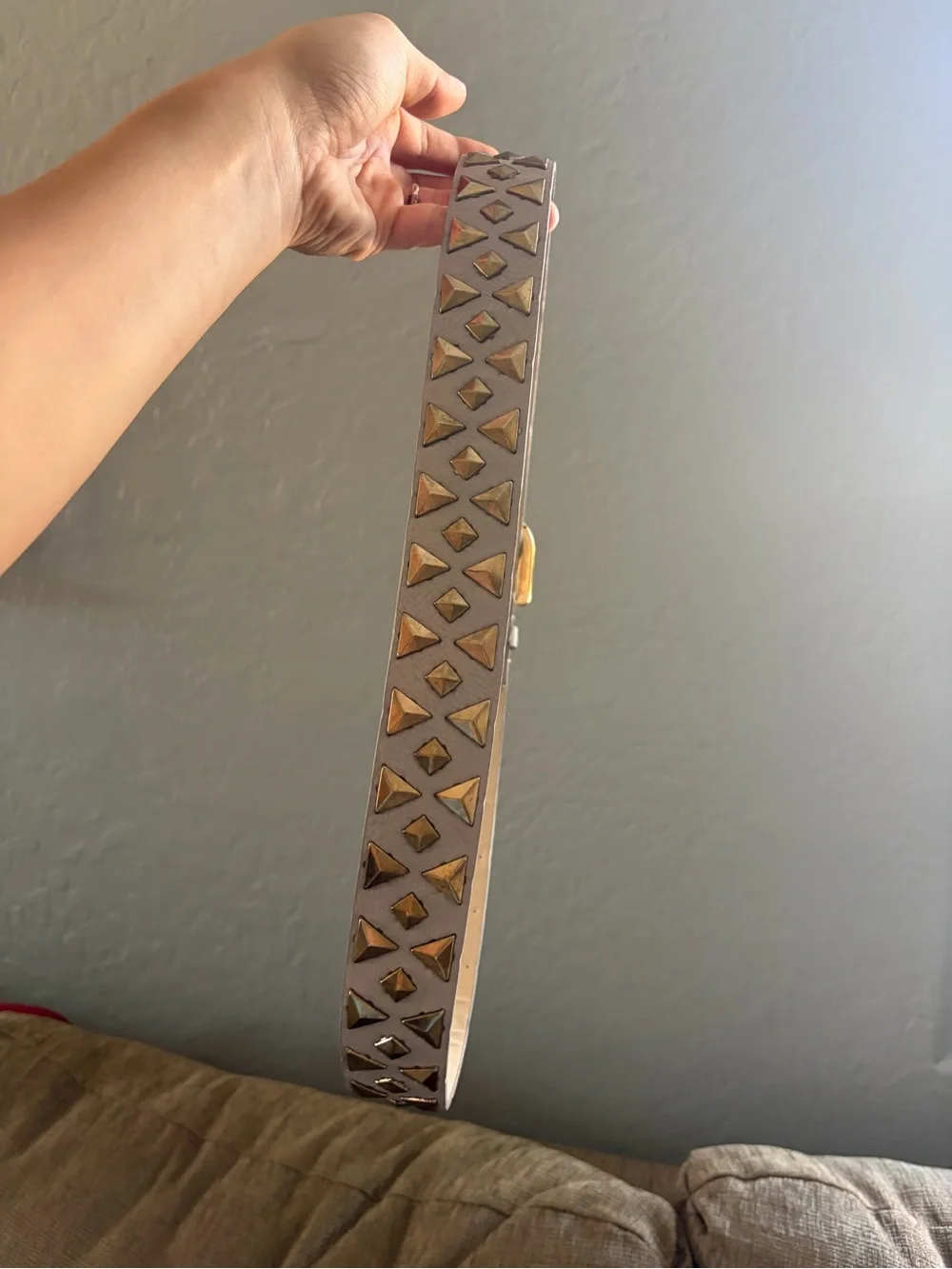 Taupe Studded Leather Belt with Gold Buckle
